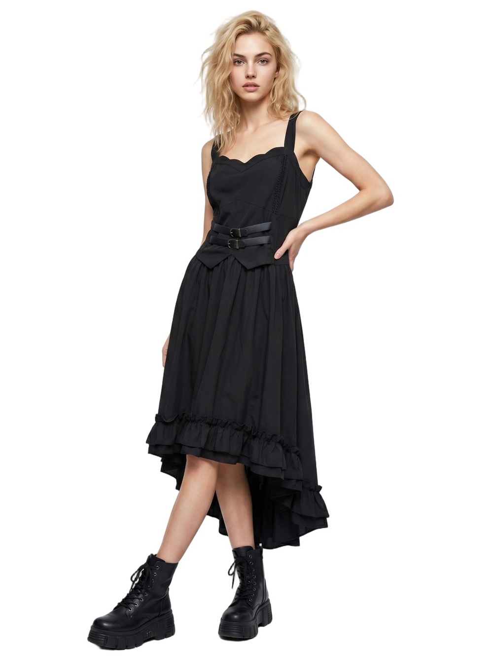 SCARLET DARKNESS Sleeveless wide V neck Black HiLow Midi Goth Buckles Ruffle hem - Picture 14 of 14